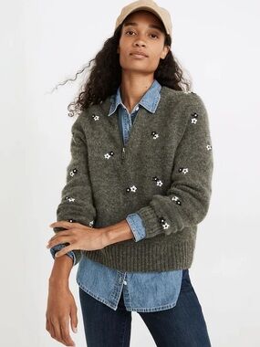 Madewell Floral Embroidered Enfield Half-Zip Wool Alpaca Sweater